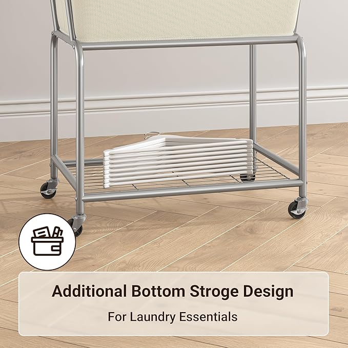 ELYKEN Rolling Laundry Hamper with Wheels, 32-Gallon (122L) Laundry Cart with Removable Bag, 2-Tier Clothes Basket Hamper with Shelf for Closet, Bedroom, Bathroom, Laundry Room, Cream