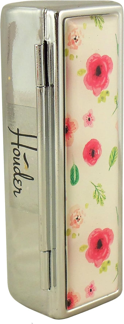 Houder Designer Lipstick Case with Mirror for Purse - Decorative Lipstick Holder with Gift Box - Velvet Lined - Protect Your Lipsticks in Style (Red Flowers)