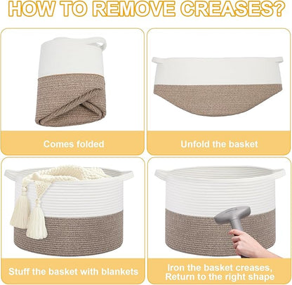Large Laundry Basket 22''x14''Woven Cotton Rope Baby Blanket Basket for Living Room Girl Laundry Hamper Toy storage Baby basket Nursery Hamper Storage Bin (White+Brown)