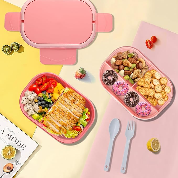 Leakproof Lunch Box, Drop-Proof Bento Box for Kids & Adults, BPA-Free Lunch Containers with Sleek Handles & Utensils, Microwave & Dishwasher Safe (Pink)
