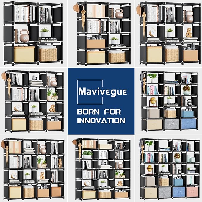 Mavivegue Book Shelf, 12 Cube Storage Organizer, DIY Bookcase, Metal Bookshelf,Tall Book case for Bedroom, Living Room,Office,Closet, Black Cubicle Rack