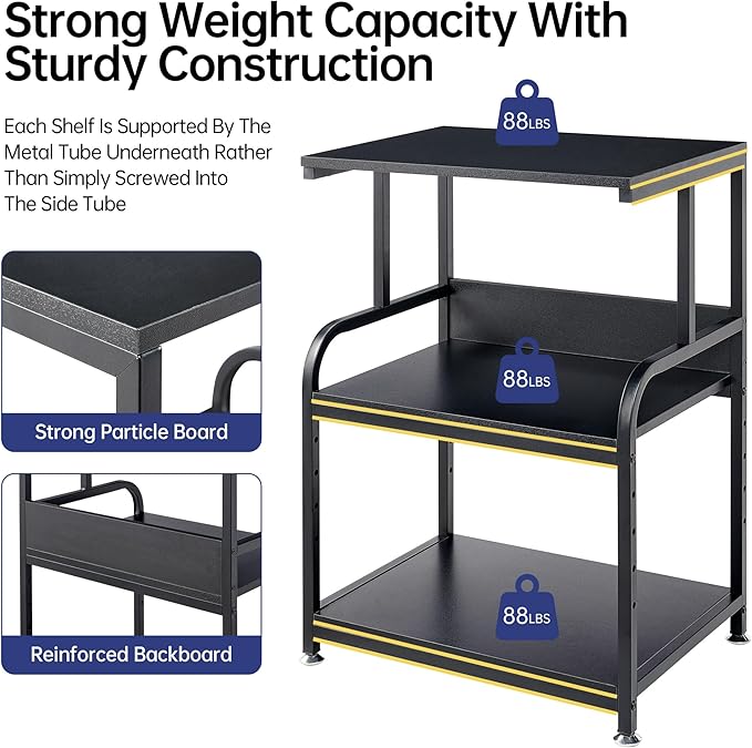 Printer Stand, 3 Tier Printer Table with Height Adjustable Storage Shelf, Rolling Printer Cart with Wheels for Home Office Organization, Black