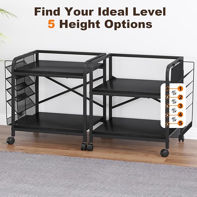 EasyCom Large Printer Stand with File Holder Organizer, Adjustable Height Shelf with Wheels, Rolling Printer Cart with Storage for Printer Scanner Fax Home Office Use Black