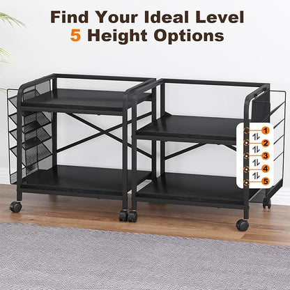 EasyCom Large Printer Stand with File Holder Organizer, Adjustable Height Shelf with Wheels, Rolling Printer Cart with Storage for Printer Scanner Fax Home Office Use Black