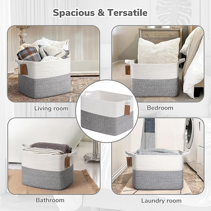 Goodpick Woven Storage Basket, Cotton Rope Baskets with Handles, Toy Baskets Storage Kids, Blanket Basket for Living Room, Bedroom, Gray and White, 18 x 14 x 12 Inches