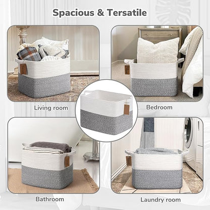 Goodpick Woven Storage Basket, Cotton Rope Baskets with Handles, Toy Baskets Storage Kids, Blanket Basket for Living Room, Bedroom, Gray and White, 18 x 14 x 12 Inches
