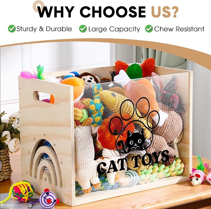 Large Cat Toy Basket Cat Toy Box Wooden Storage Bin with Acrylic Board Storage Box for Puppy Toys Pet Food and Accessories Organizer Holder Basket for Living Room Area(Wood, Cat)
