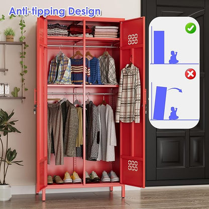 Aobabo Metal Wardrobe Closet with 2 Doors, Metal Wardrobe Cabinet with 4 Adjustable Shelves and 2 Hannging Rods, Storage Locker for Home, Red, Assembly Required