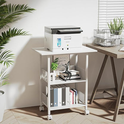 Printer Stand, 3-Tier Industrial Large Printer Table with Shelf, 23"x15" Mobile Heavy Duty Storage Rack on Wheels for Home Office Printer Fax Machine Scanner Copier, White