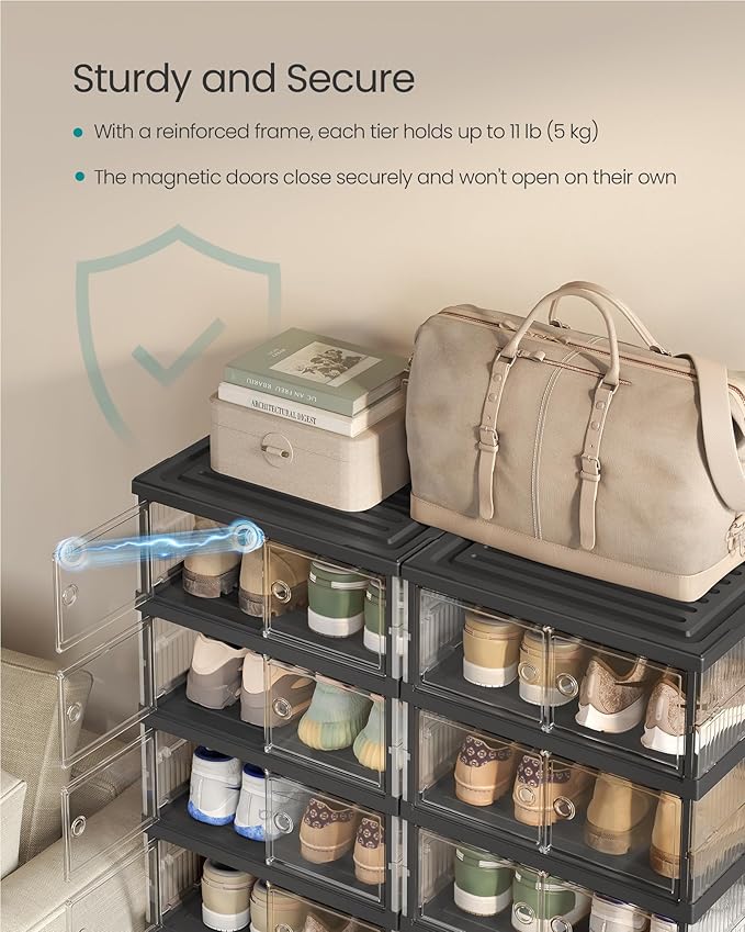 SONGMICS Foldable Shoe Storage Organizer for Closet, Stackable Sneaker Cabinet with Magnetic Door, Large Plastic Container Bins for Entryway, 9-Tier for 18 Pairs, Transparent and Ink Black ULSP918BH01