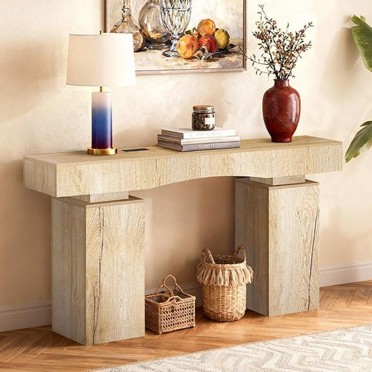 63 Inch Long Entryway Table Bold, Wooden Console Table with Socket Farmhouse Sofa Table for Entrance, Hallway, Living Room, Behind Couch(Natural Brown)