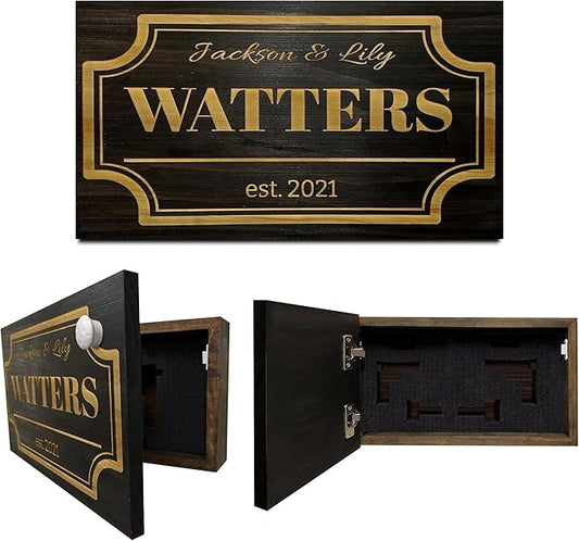 Bellewood Designs Customizable Hidden Gun Storage Wall Decor - Hidden Gun Safe with Family Name & Est Date - Magnetic Locking Concealment Shelf - Gun Concealment Furniture (Black)