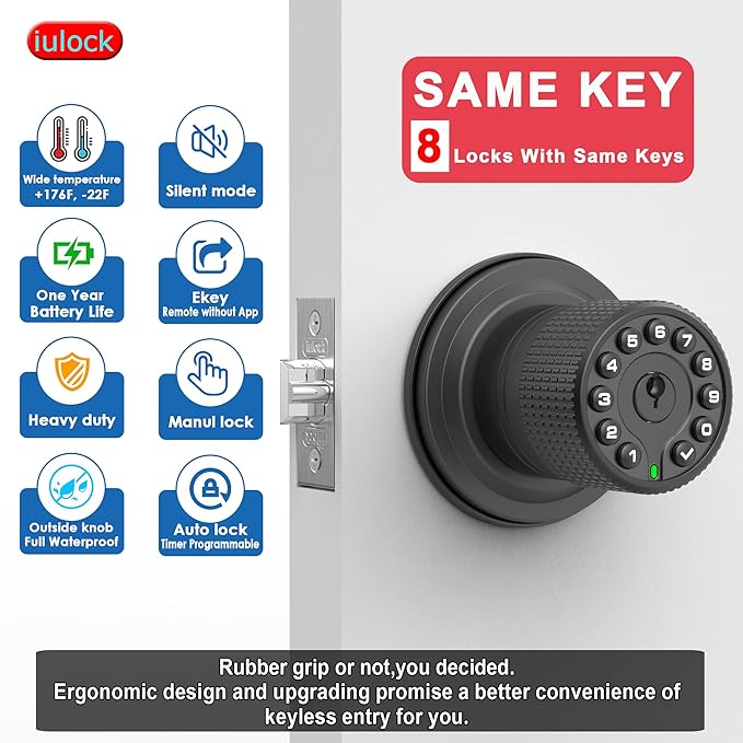 Smart Door Knob with Keypad and Key,Keyless Entry Door Lock with Rubber Grip, Auto Lock,50 User Code,Waterproof, Easy to Install and Program for Bedroom(Matte Black Same Key 8 Pack)