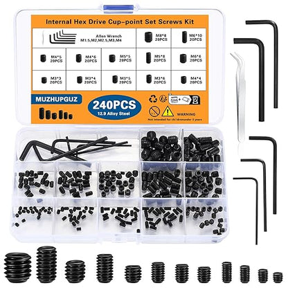 240 Pcs Allen Head Screws, Hex Socket Head Screws, Grub Screw Set, M3/M4/M5/M6/M8 Metric Stainless Steel Internal Hex Drive Cup-Point Screw Assortment Kit for Door Handles, Light Fixture(Black)