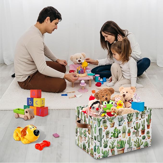 Cactus Large Collapsible Storage Baskets for Organizing Shelves with Handles, Decorative Storage Cube Bin for Organizing Clothes Toy Nursery