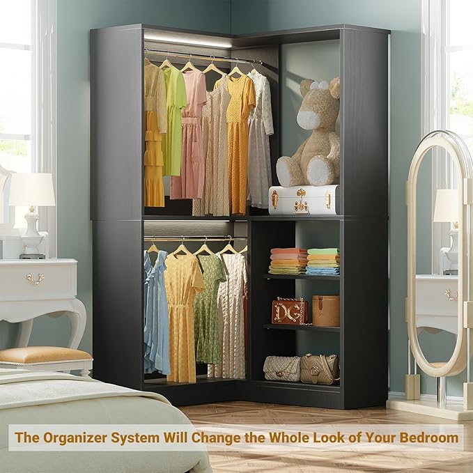 Unikito Corner Closet System, 36” Large Freestanding Closet Organizer Tower with 2 Hanging Rods and Storage Shelves, Sturdy Walk in Closet Kits for Bedroom and Entryway, 36" W x 36" D x 80" H, Black