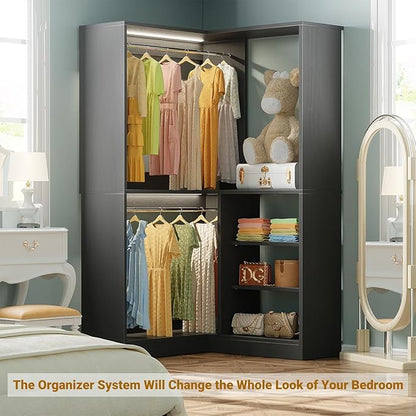 Unikito Corner Closet System, 36” Large Freestanding Closet Organizer Tower with 2 Hanging Rods and Storage Shelves, Sturdy Walk in Closet Kits for Bedroom and Entryway, 36" W x 36" D x 80" H, Black