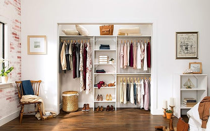 ClosetMaid SuiteSymphony Wood Closet Organizer Starter Kit with Tower and 3 Hang Rods, Shelves, Adjustable, Fits Spaces 5 – 10 ft. Wide, Pure White