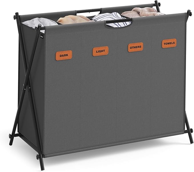SONGMICS Laundry Hamper, Laundry Basket, 40.9 Gal. Laundry Sorter 4 Sections, Collapsible X-Frame, Clothes Organizer with Customizable Labels, Laundry Room, Bedroom, Bathroom, Slate Gray ULCB140G01