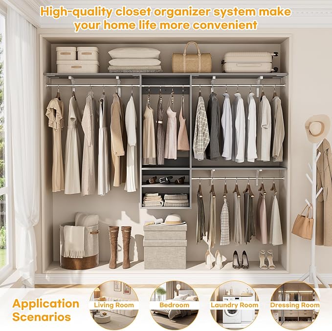 Cyclysio 96 Inch Closet System, 8 FT Hanging Closet Organizer System, Walk in Closet System with 4 Adjustable Rods and 3 Shelving Towers for 4-8FT Spaces(Cut-to-Fit), Gray