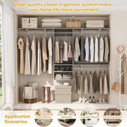 Cyclysio 96 Inch Closet System, 8 FT Hanging Closet Organizer System, Walk in Closet System with 4 Adjustable Rods and 3 Shelving Towers for 4-8FT Spaces(Cut-to-Fit), Gray
