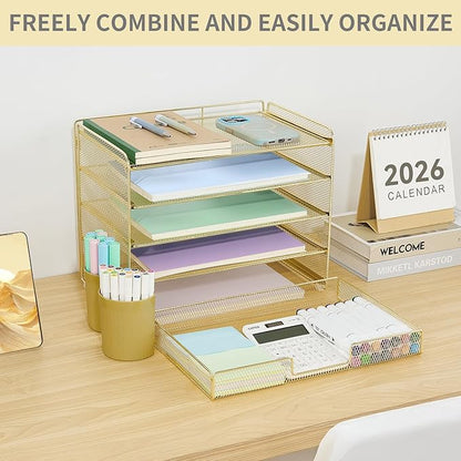 Desk Organizers and Accessories, 5-Tier Paper Letter Tray Organizer with Drawer & 2 Pen Holders, Desktop Organizer for Office Supplies (Gold)