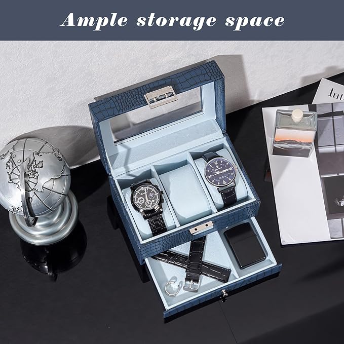 ProCase Watch Box, 3 Slot Watches Display Case with Drawer, Mens Watch Case with Glass Lid, 2-Layer Mens Jewelry Organizer Storage Holder, Birthday Valentine Gifts for Men-3 Slot, CrocCobaltBlue