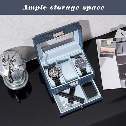ProCase Watch Box, 3 Slot Watches Display Case with Drawer, Mens Watch Case with Glass Lid, 2-Layer Mens Jewelry Organizer Storage Holder, Birthday Valentine Gifts for Men-3 Slot, CrocCobaltBlue