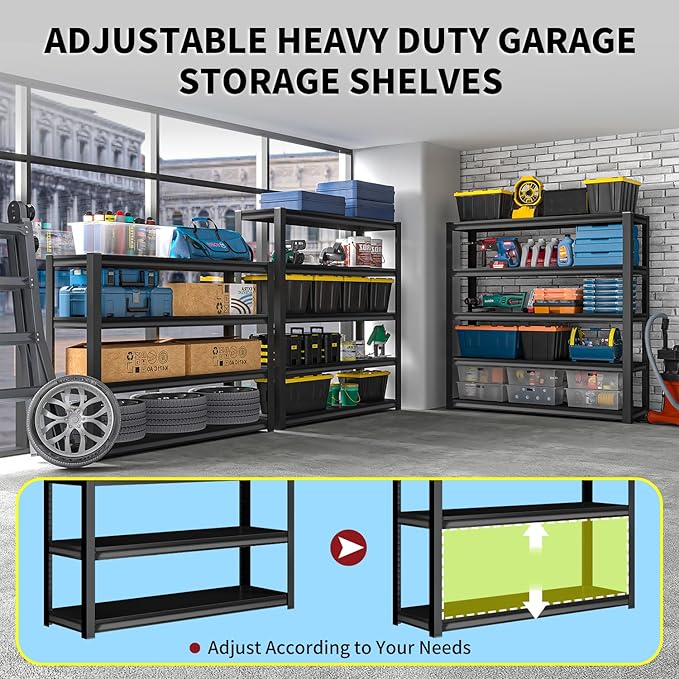 Shelving Units and Storage, 3000LBS Garage Storage Shelves, 5 Tier Shelving Unit, Steel Industrial Shelving, Adjustable Standing Shelf for Garage, Home, Warehouse 71" H x 36" W x 16" D, Black