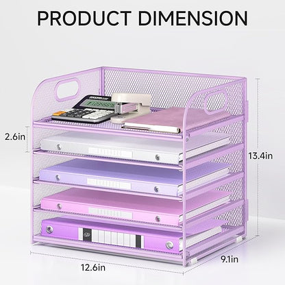 Lavatino Desk Letter Tray Paper Organizer, 5-Tier with Handle Metal Mesh Desktop File Organizer Paper Holder for Classroom Office Desk Accessories- Purple