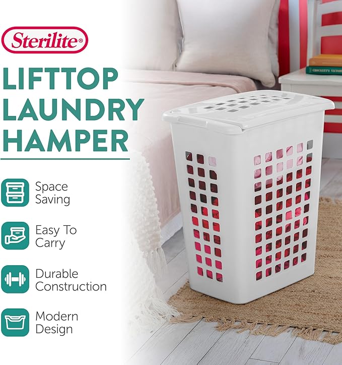 Sterilite Rectangular LiftTop Laundry Hamper with Lid, Handles to Easily Carry Clothes Between the Laundry Room and Bedroom, Plastic, White, 8-Pack