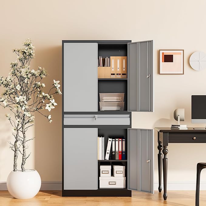 Metal Garage Storage Cabinet, 71" Lockable Storage Cabinet with 2 Adjustable Shelves and 1 Drawer for Garage, Utility Room, Warehouse (Black Grey)