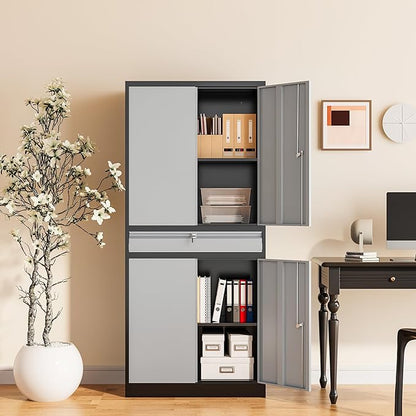 Metal Garage Storage Cabinet, 71" Lockable Storage Cabinet with 2 Adjustable Shelves and 1 Drawer for Garage, Utility Room, Warehouse (Black Grey)