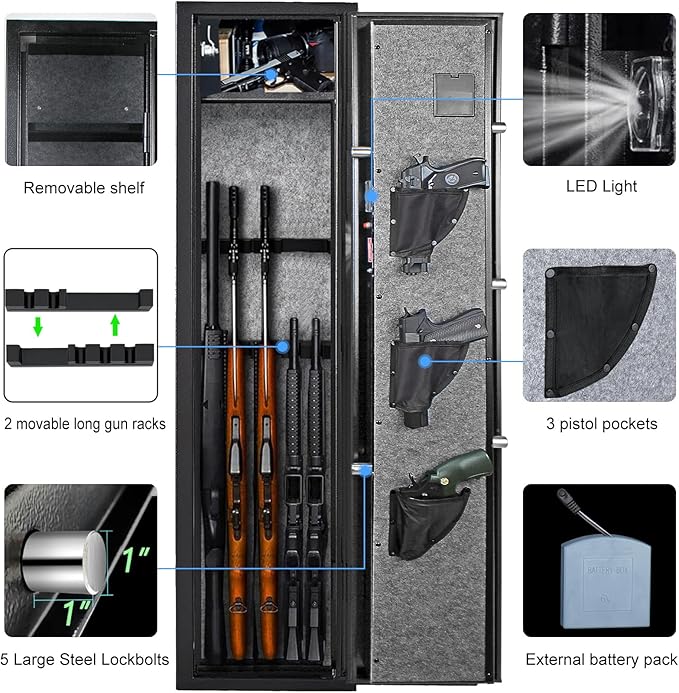 Langger 3-4 Large Rifle Gun Safe, Quick Access Biometric Fingerprint Gun Safe for Home, Fully Assembled, Gun Cabinet with Handgun a Removable Shelf