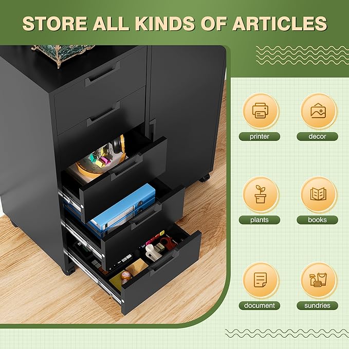5 Drawer Metal Cabinet, Office Storage Cabinet w/Universal Wheels, Printer Stand with Storage Shelves, Rolling File Cabinets for Home Office(Black)