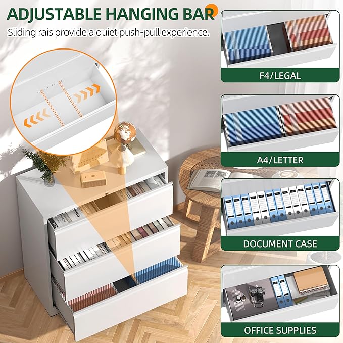 Lateral File Cabinet, 3 Drawer Lateral File Cabinet with Lock, Metal Filing Cabinets for Home Office, White Wide Deep Drawer for Hanging Files Letter/Legal/A4/F4 Size, Printer Stand, Assembly Required