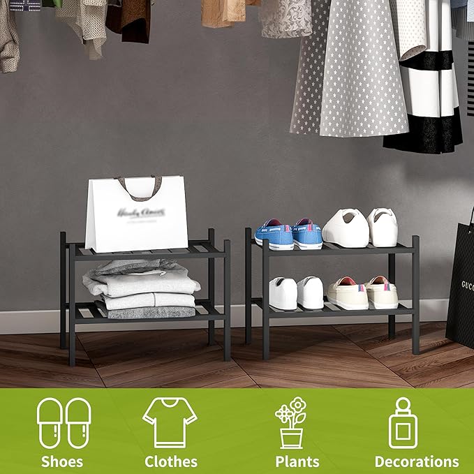 BMOSU 2-Tier Bamboo Small Shoe Rack Premium Stackable Shoe Shelf Storage Organizer for Hallway Closet Living Room Entryway Organizer (Black Bamboo)
