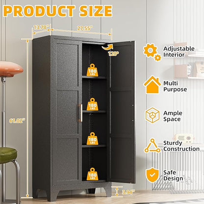 61"H Metal Pantry Cabinet with 2 Doors and 3 Adjustable Shelves,Food Storage Cabinet with Gold Handle for Kitchen,Dinning Room,Home Office,Living Room,Easy Assembly (Black,61"H x13.8"D x27.6"W)