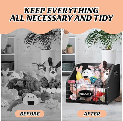 Dog Toy Bin - Large Wooden Dog Toy Box - Organizer & Storage for Puppy Leash, Blanket, Food & Accessories