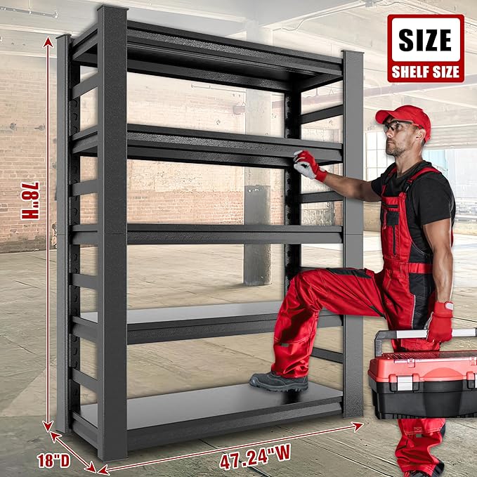 78''H Garage Shelf,5-Tier Metal Shelving Unit ,Metal Garage Shelf Heavy Duty,3000 lbs Capacity,Adjustable Industrial Shelving, Steel Storage Rack,for Basement,Warehouse,Black,18"D x 47.2"W x 78"H