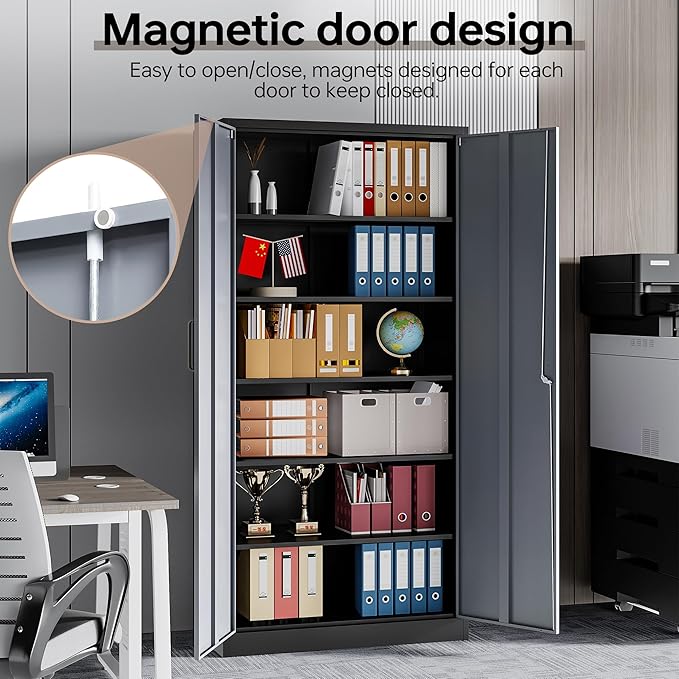 Metal Garage Cabinets, 72" Tall Locking Storage Cabinets with 2 Doors and 5 Adjustable Shelves, Steel Utility Tool Cabinet, Lockable Outdoor Storage Cabinet for Pantry, Garage, Home Office