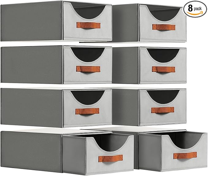 Stackable Storage Drawers - Large Collapsible Storage Bins with Drawers, 8 Pack Closet Shelf Organizer Basket, Fabric Pull Out Organizer for Bedroom, Living Room, Dorm, Grey