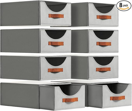 Stackable Storage Drawers - Large Collapsible Storage Bins with Drawers, 8 Pack Closet Shelf Organizer Basket, Fabric Pull Out Organizer for Bedroom, Living Room, Dorm, Grey