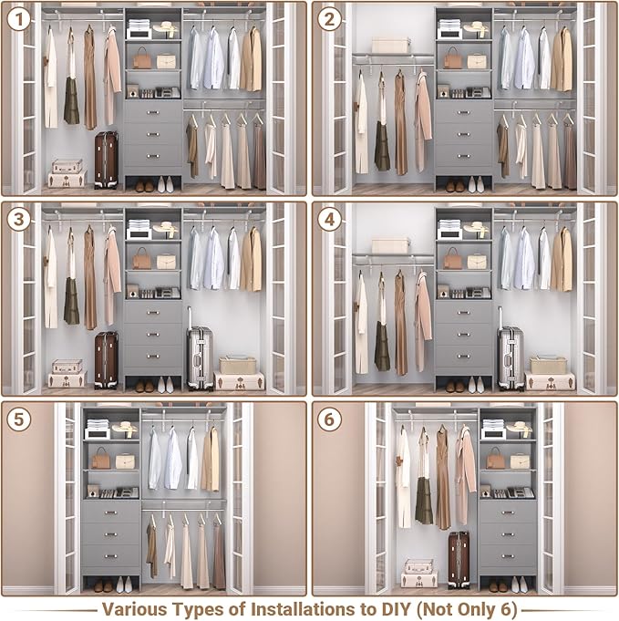 Closet System with 3 Drawers - 8FT Wood Closet Organizer with 3 Shelving Tower & Hanging Rods, 96" Walk-in Wardrobe Closet Organizer System for 4-8FT Spaces, Heavy Duty Garment Clothes Rack, Grey
