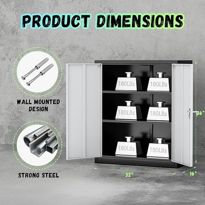 Bonusall Metal Garage Storage Cabinet, 36" H Locking Cabinets with2 Adjustable Shelves,2 Door Small Pantry Storage for Home Office, Kitchen, Bathroom(Black Grey)
