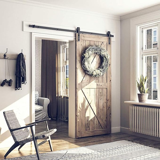 SMARTSTANDARD 6 Feet Heavy Duty Sturdy Sliding Barn Door Hardware Kit-Smoothly and Quietly-includes Detailed Installation Fit 36" Wide Doorpanel (J Shape Hanger) Black
