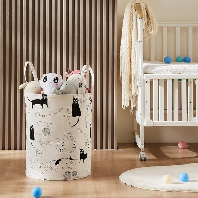Baby Laundry Basket with Long Handles, 63L Collapsible Kids Laundry Hamper, Toy Storage Basket for Nursery, Bedroom Decor for Girls and Boys (Cartoon Cat)