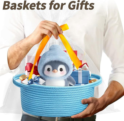 Pro Goleem Small Woven Basket with Gift Bags and Ribbons Durable Baskets for Gifts Empty Small Rope Basket for Storage 12"X 8" X 5" Baby Toy Basket with Handles, Blue