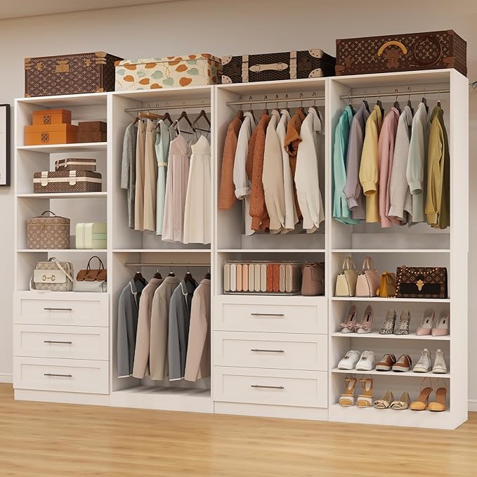 Closet System with 4 Sets, Closet Organizer Systems with 6 Drawers & 8 Hanging Rods & Adjustable Shelves, Walk in Closet Freestanding Closet System Modular Closet System Set White