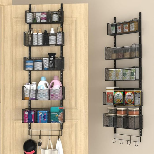 Over The Door Organizer, Metal Door Organizer Hanging with 5 Adjustable Baskets and Coat Hook, Behind The Door Storage for Bedroom Closet Bathroom Pantry Cabinet Kitchen, Black